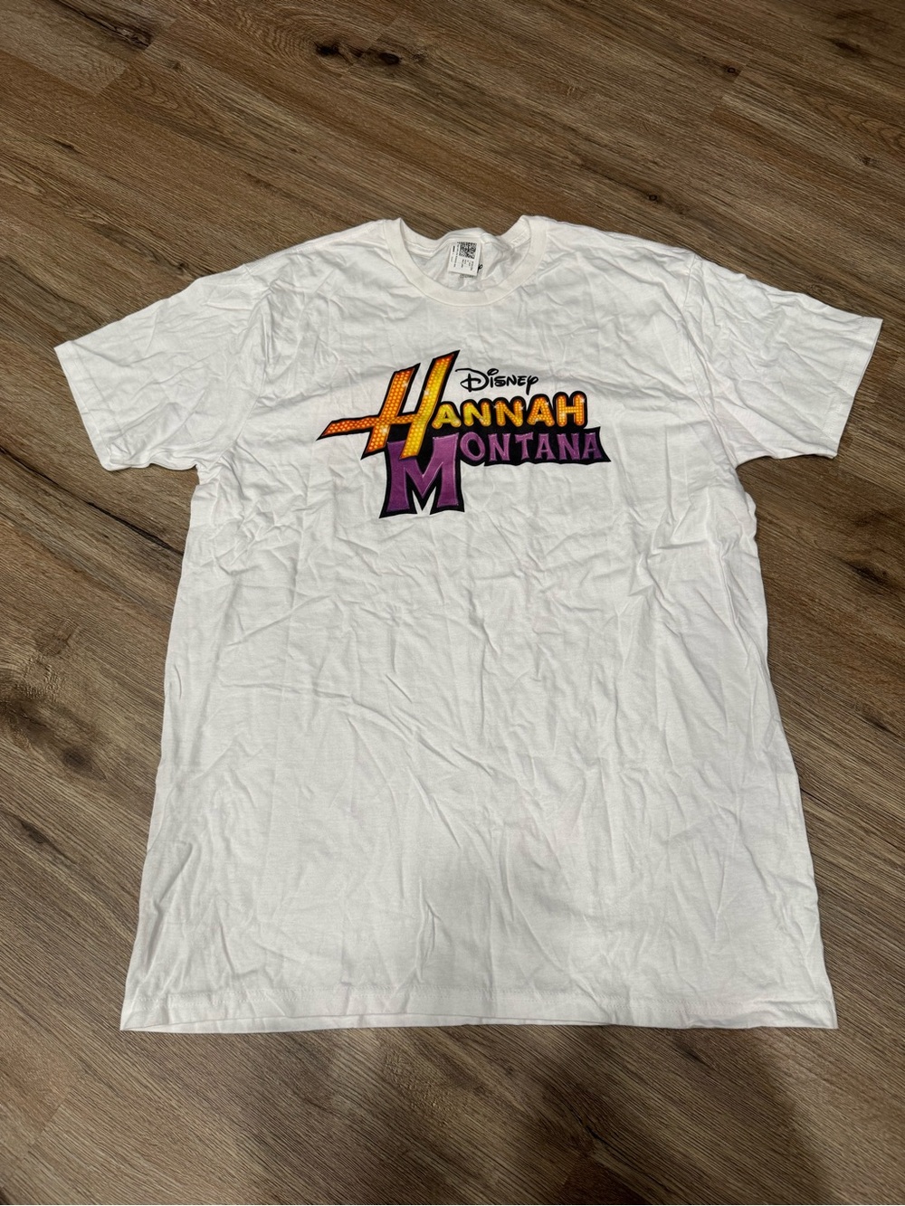 Disney White Hannah Montana Logo Tee with Yellow, Orange & Purple Print